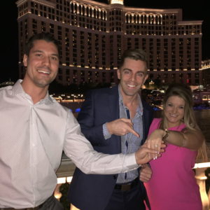 Couple posing for photo after magic marriage proposal at Bellagio Las Vegas