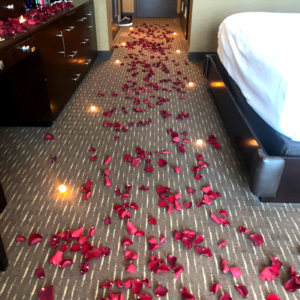 Las Vegas hotel room decoration with rose petals and candles