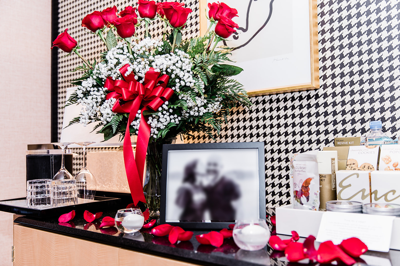 Best Vegas proposal inside hotel room decorated with roses