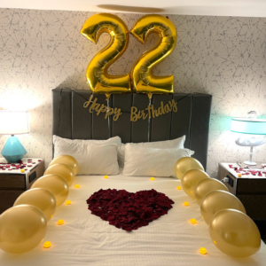 Las Vegas hotel room decorated with balloons, roses and candles for a birthday