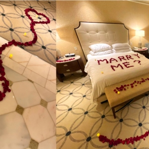 Las Vegas Hotel Room decorated with romantic decorations for a marriage proposal at Bellagio