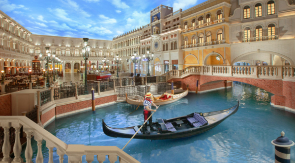A gondola sits on the water in the indoor Venetian Grand Canal in Las Vegas